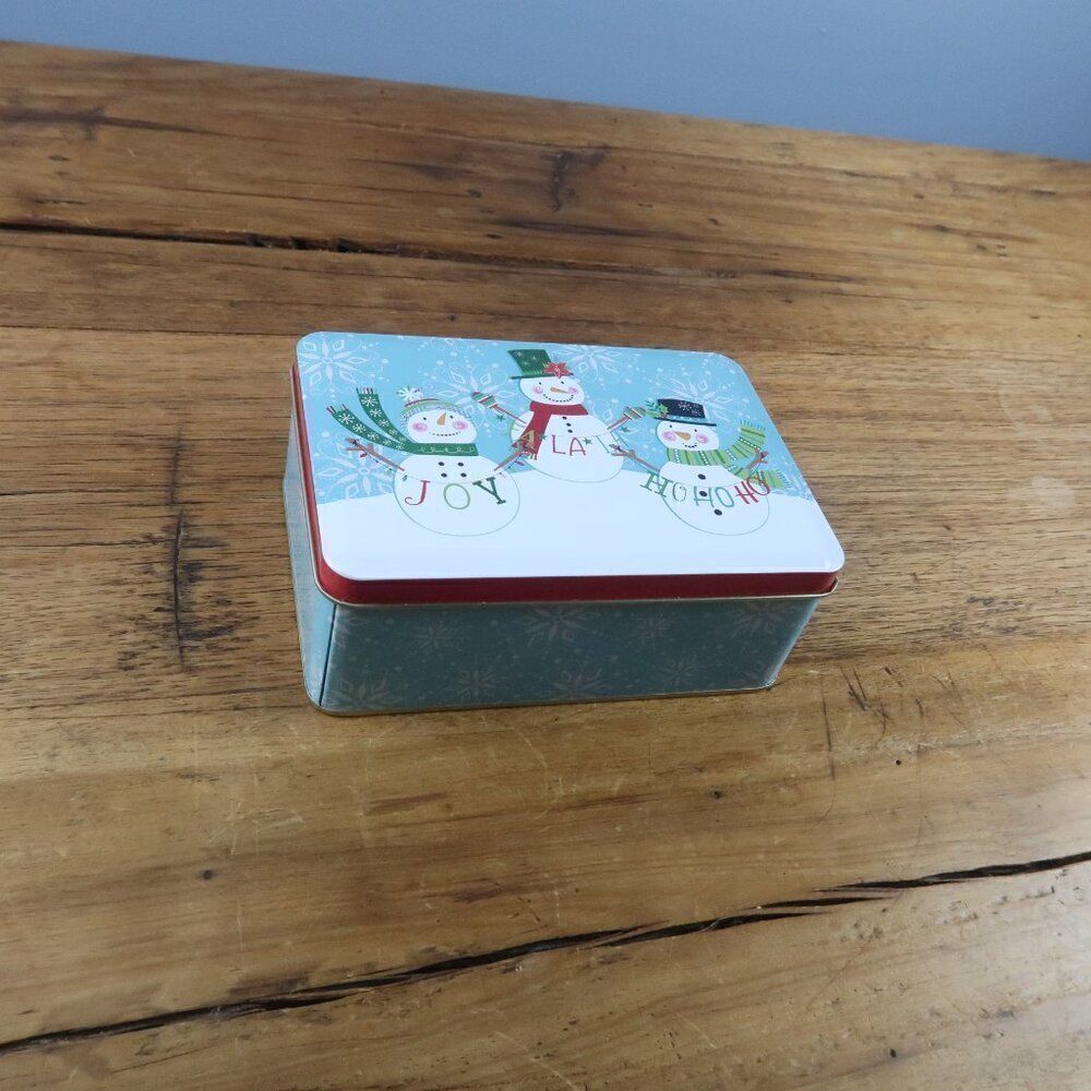 CHRISTMAS HOLIDAY GIFT TIN CONTAINER SNOWMEN JOY LA HO HO HO